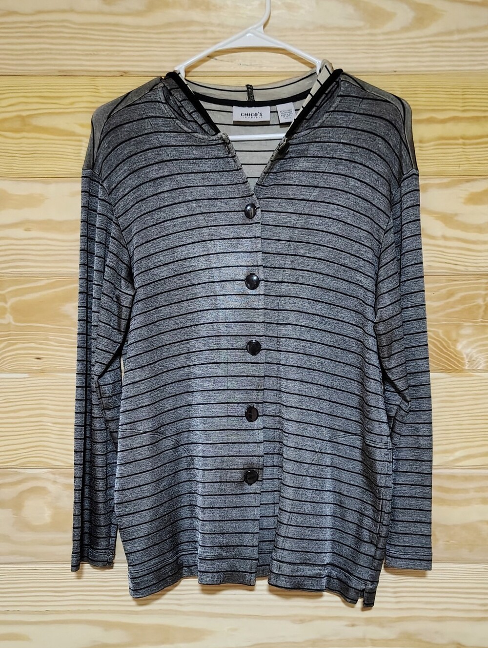 Chico's Traverlers Stripe Hooded Cardigan Size 2 (12-L) Silver Black Pockets